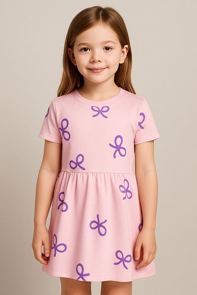 Nimini Kids Rochie roz pentru fetiță din bumbac imprimat cu panglică (2-7 ani)