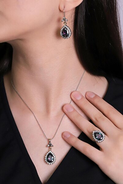 Beyisa Hürrem Sultan Serisi Mistik Topaz Taşlı Damla Otantik Gümüş Üçlü Kadın...