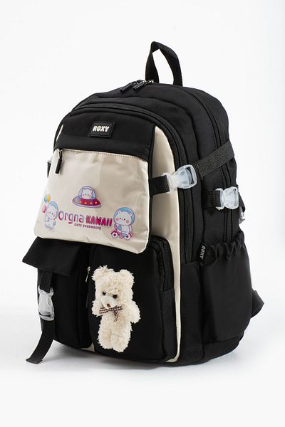 Roxy Black Kawaii Korean Style Multi-Compartment Children's School Bag with Teddy Bear Accessories