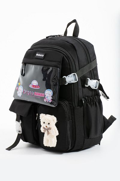 Roxy Black Kawaii Korean Style Multi-Compartment Children's School Bag with Teddy Bear Accessories
