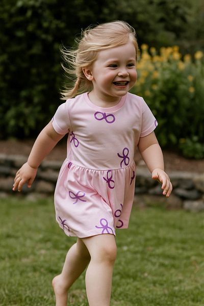 Nimini Kids Rochie roz pentru fetiță din bumbac imprimat cu panglică (2-7 ani)