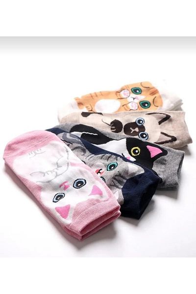 WORTHY SOCKS Чифт от 5 висококачествени цветни чорапи с котешки мотиви