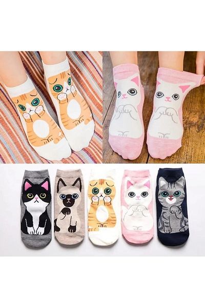 WORTHY SOCKS Чифт от 5 висококачествени цветни чорапи с котешки мотиви