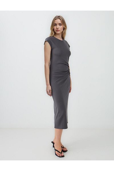Jimmy Key Anthracite Crew Neck Gathered Waist Short Sleeve Long Dress