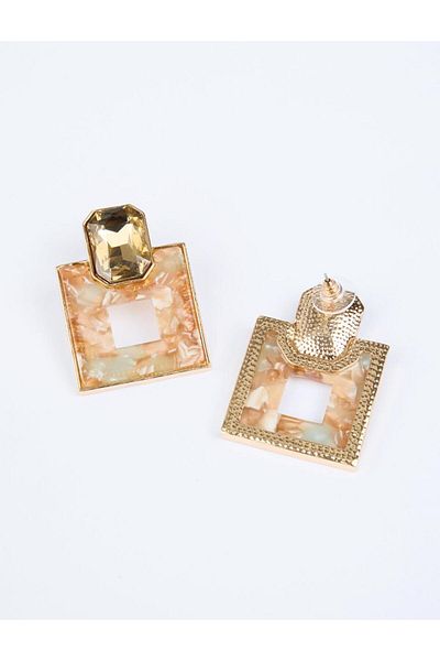 Jimmy Key Brown Square Figured Shiny Stone Detailed Earrings