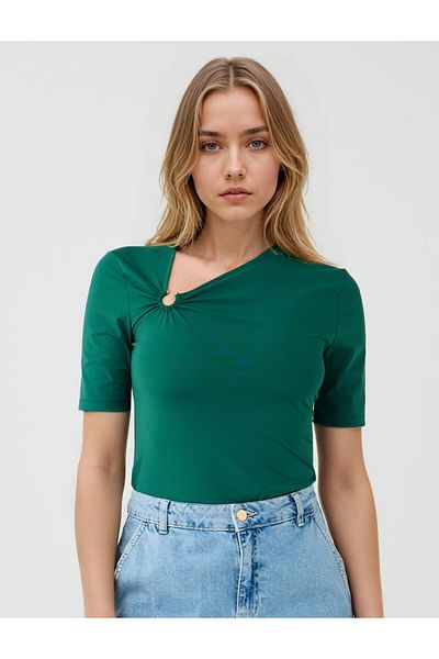 Jimmy Key Green Slim Fit Asymmetrical Neckline Short Sleeve Blouse