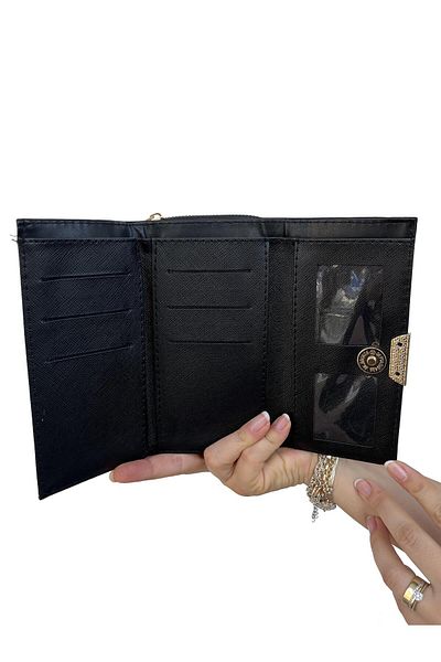 shiny ever Women's Wallet Black Gold Cat Detailed