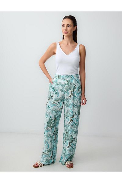 Jimmy Key Turquoise Regular Waist Wide Leg Patterned Woven Trousers