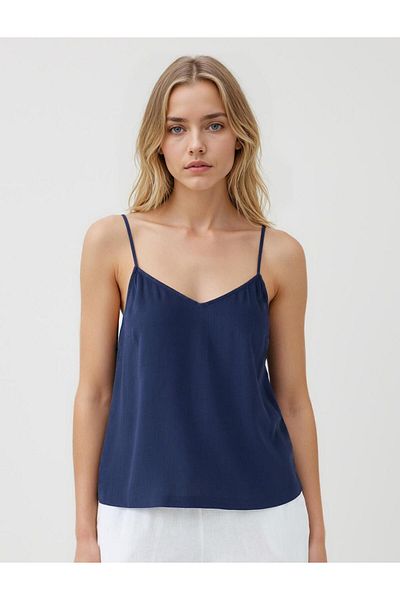 Jimmy Key Navy Blue Straight Cut Strap V-Neck Woven Blouse