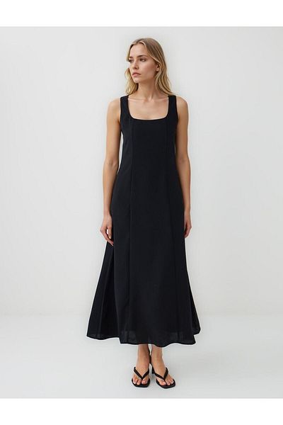 Jimmy Key Black Straight Cut Strap Square Neck Woven Midi Dress