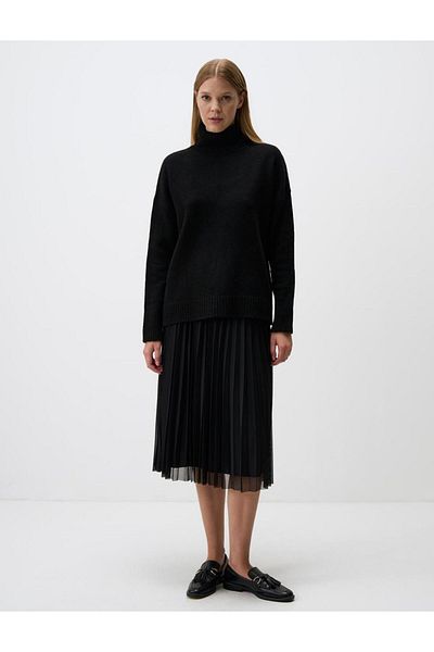Jimmy Key Black High Waist Pleated Relaxed Fit Midi Skirt