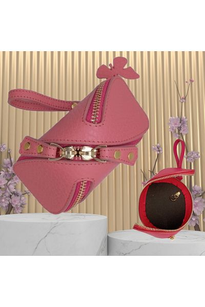 OEM Salmon Pink Leather Keychain for Women, With Zipper and Detachable Strap