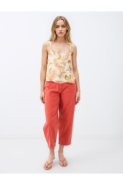 Jimmy Key Yellow Strap Square Neck Patterned Woven Blouse