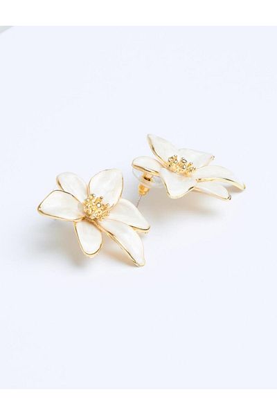 Jimmy Key Modern Earrings with Shiny Flower Figures in Gold Color