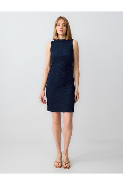 Jimmy Key Navy Blue Slim Fit Boat Neck Sleeveless Knitted Mini Dress