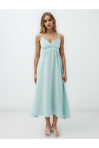 Jimmy Key Turquoise 100% Linen Strap V-Neck Midi Dress