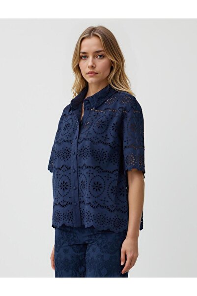 Jimmy Key Lacivert %100 Pamuk Dirsek Kol Dantelli Dokuma Gömlek