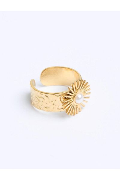 Jimmy Key Gold Color Pearl Detailed Sun Figure Ring