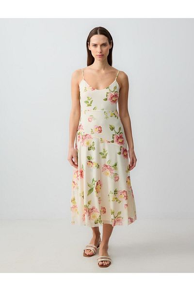 Jimmy Key Beige Slim-Fit Strap Open Neck Patterned Mesh Knitted Midi Dress