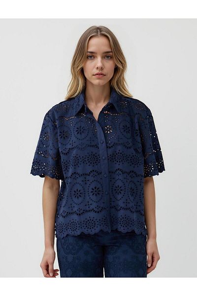 Jimmy Key Navy Blue 100% Cotton Elbow Sleeve Lace Woven Shirt