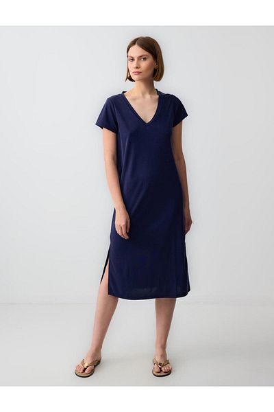 Jimmy Key Navy Blue Relaxed Cut V-Neck Short Sleeve Knitted Midi Dress