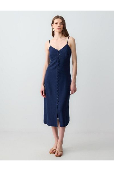 Jimmy Key Navy Blue V-Neck Button Detailed Linen Blend Midi Dress