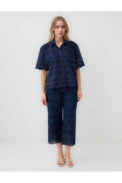 Jimmy Key Navy Blue 100% Cotton Relaxed Fit High Waist Wide Leg Openwork Trousers