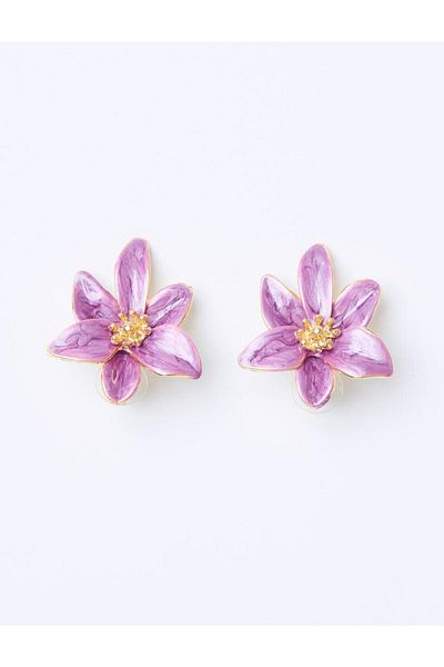 Jimmy Key Shiny Modern Earrings with Purple Flower Figures