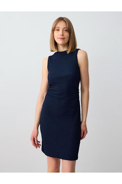 Jimmy Key Navy Blue Slim Fit Boat Neck Sleeveless Knitted Mini Dress