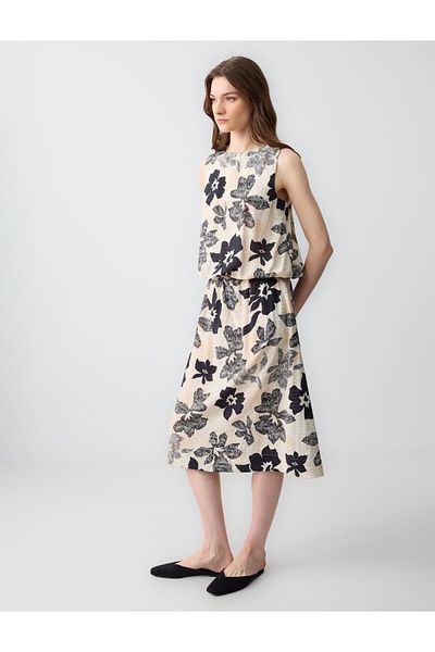 Jimmy Key Beige Relaxed Cut Regular Waist Floral Patterned Woven Midi Skirt