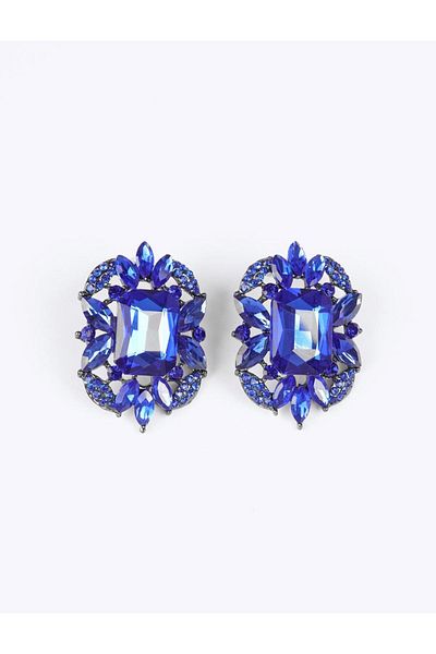 Jimmy Key Navy Blue Asymmetric Shiny Stone Detailed Earrings