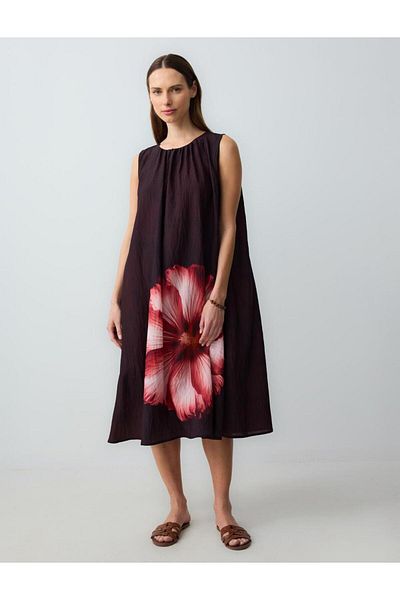 Jimmy Key Burgundy Round Neck Floral Patterned Sleeveless Midi Dress