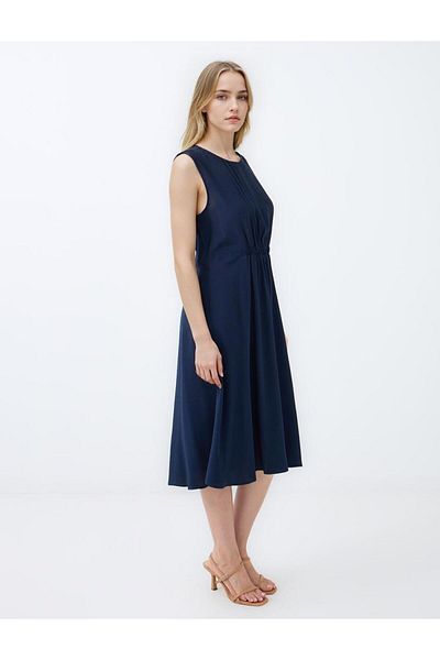 Jimmy Key Navy Blue Round Neck Sleeveless Woven Midi Dress