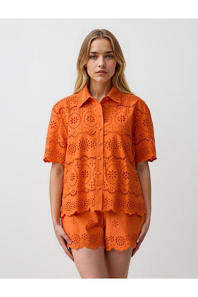 Jimmy Key Orange 100% Cotton Wide Leg High Waist Patterned Shorts