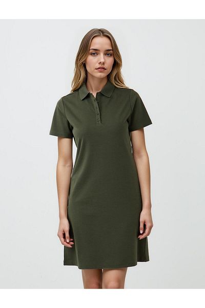 Jimmy Key Khaki Straight Cut Shirt Collar Short Sleeve Mini Knitted Dress