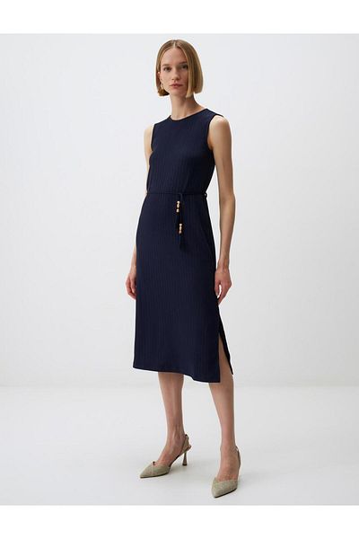 Jimmy Key Navy Blue Round Neck Belt Detailed Sleeveless Midi Dress