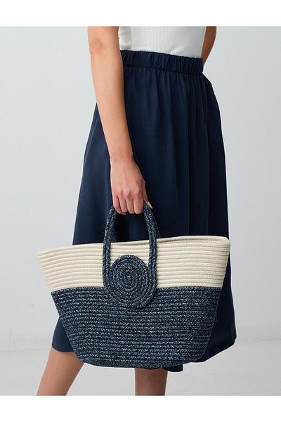 Jimmy Key Navy Blue Color Blocked Straw Bag