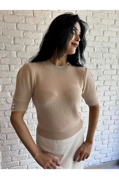 moneta boutique Pulover moale pentru damă, cu mânecă scurtă, cu decolteu rotund, cu detaliu de piatră