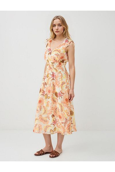 Jimmy Key Yellow Floral Patterned V-Neck Sleeveless Midi Dress