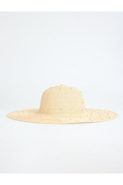 Jimmy Key Beige Shiny Stone Detailed Straw Hat
