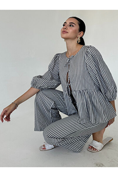 King Brothers Poplin szövet - masni csíkos léggömb ujjú női blúz szett
