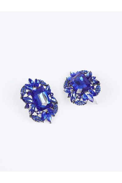 Jimmy Key Navy Blue Asymmetric Shiny Stone Detailed Earrings