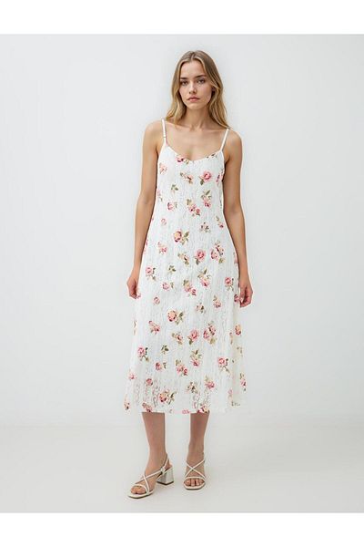 Jimmy Key Ecru Strappy V-Neck Floral Patterned Knitted Midi Dress