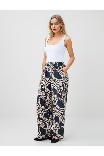 Jimmy Key Navy Blue Patterned High Waist Wide Leg Woven Trousers