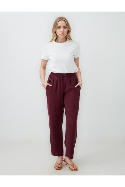 Jimmy Key Burgundy High Waist Regular Leg Modal Woven Trousers