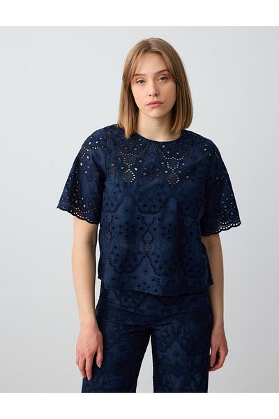 Jimmy Key Navy Blue 100% Cotton Relaxed Fit Openwork Round Neck Blouse