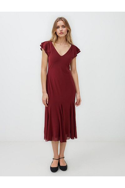 Jimmy Key Copper V-Neck Short Sleeve Slim Fit Knitted Midi Dress