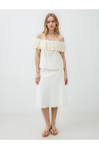 Jimmy Key Ecru 100% Cotton Short Sleeve Bardot Collar Embroidered Woven Blouse