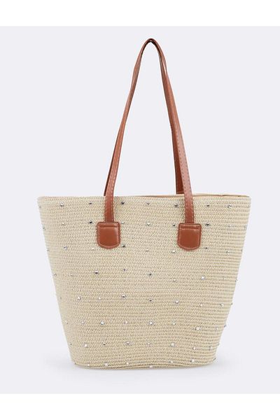 Jimmy Key Beige Shiny Stone Detailed Straw Bag