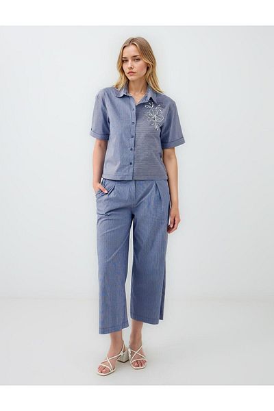 Jimmy Key Navy Blue Striped Regular Waist Regular Leg Woven Trousers